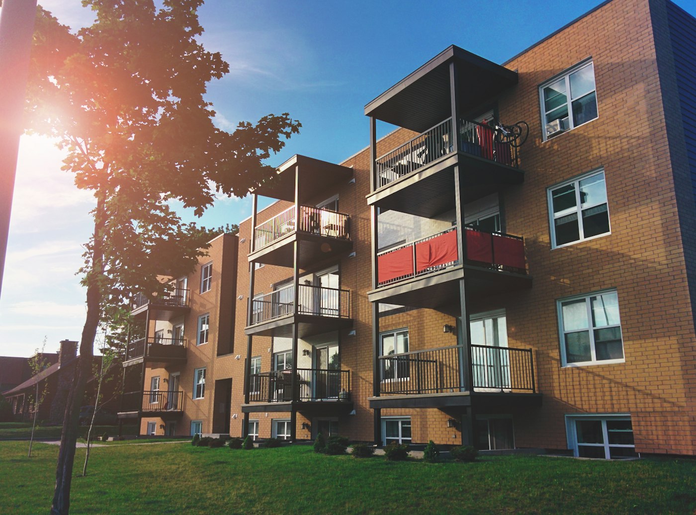A modern residential apartment building with balconies